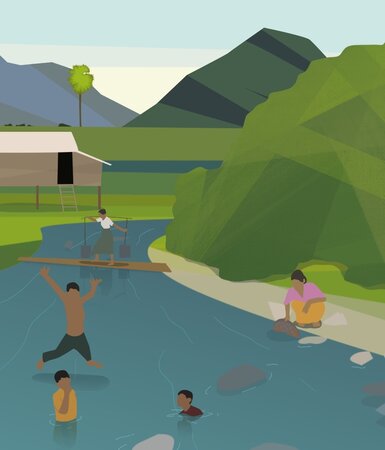 Illustration of children playing in the river and an adult woman sitting next to it.